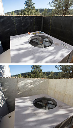 noisy heatpump quieted by using Acoustiblok soundproofing material and QuietFiber
