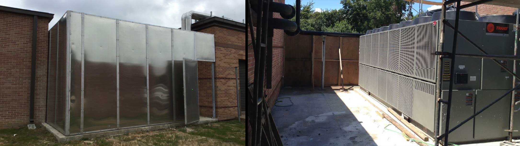 IntermediateSchoolChillerNoiseEnclosureCollage1 School Chiller Screen Enclosure